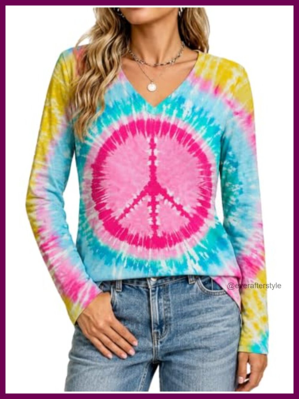 70s Hippie Peace Sign Graphic Tee V-Neck Long Sleeve Boho Retro Top